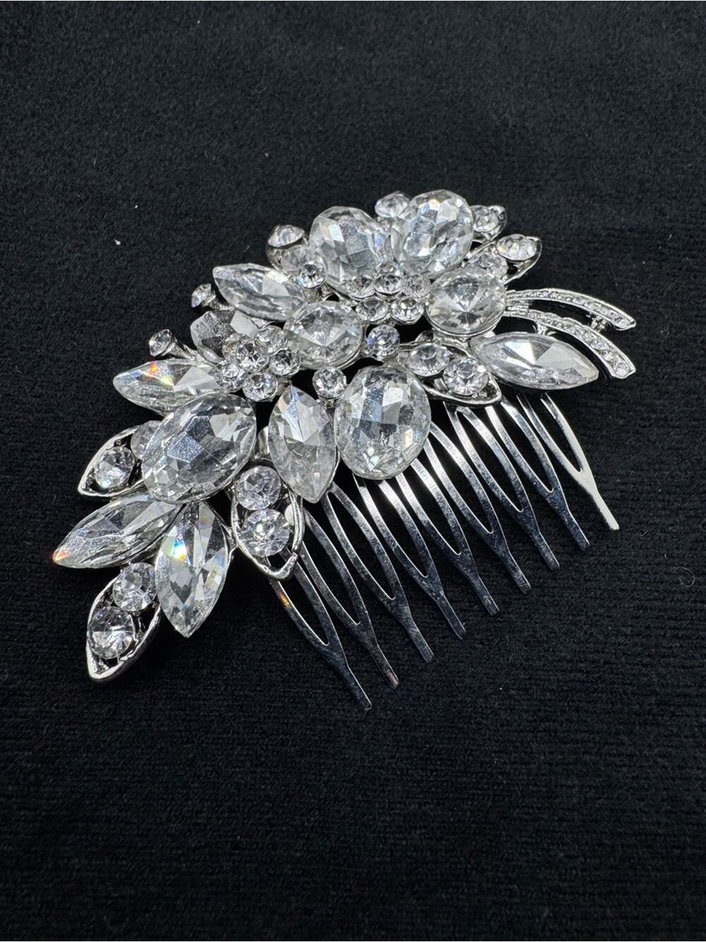 Crystal Rhinestone Bridal Prom Floral Silver Tone Elegant Hair Comb